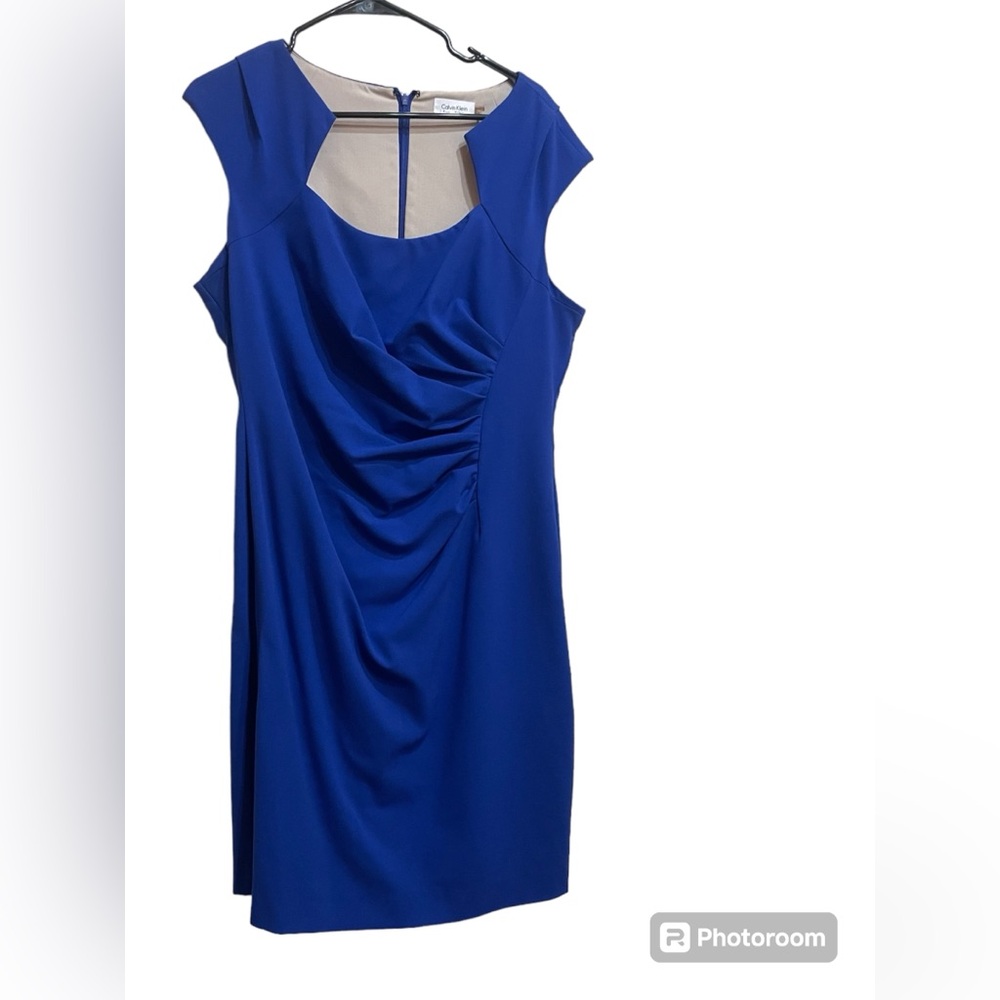 Calvin Klein Size 14 Byzantine Blue Sleeveless Straight Pencil Lined Dress